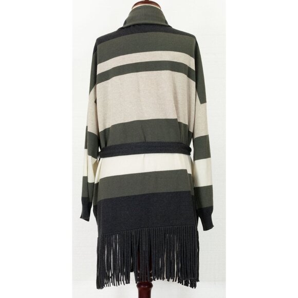 $4495 BRUNELLO CUCINELLI CASHMERE STRIPED BELTED CARDIGAN FRING BOTTOM - Picture 4 of 8